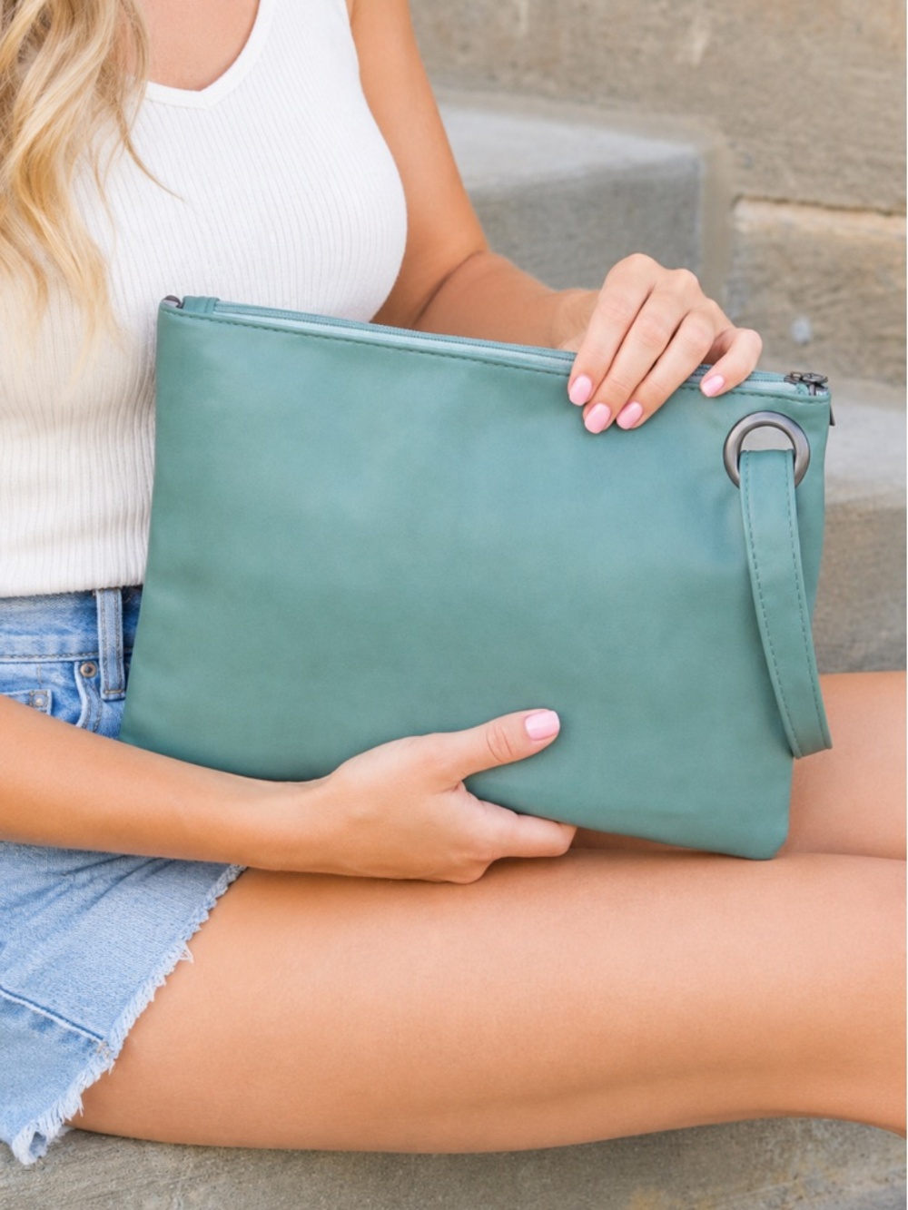 Teal Vegan Leather Oversized Clutch Wristlet Large Zip Pouch Handbag